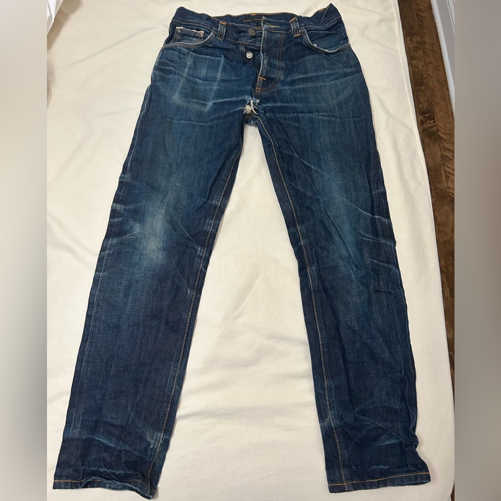 Nudie Jeans distressed blue wash straight leg 30x34